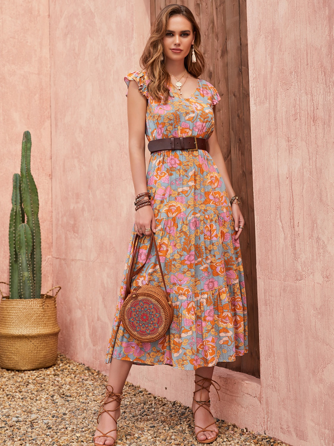 Honeybee Mumford's Ruffled Printed V-Neck Cap Sleeve Tiered Dress