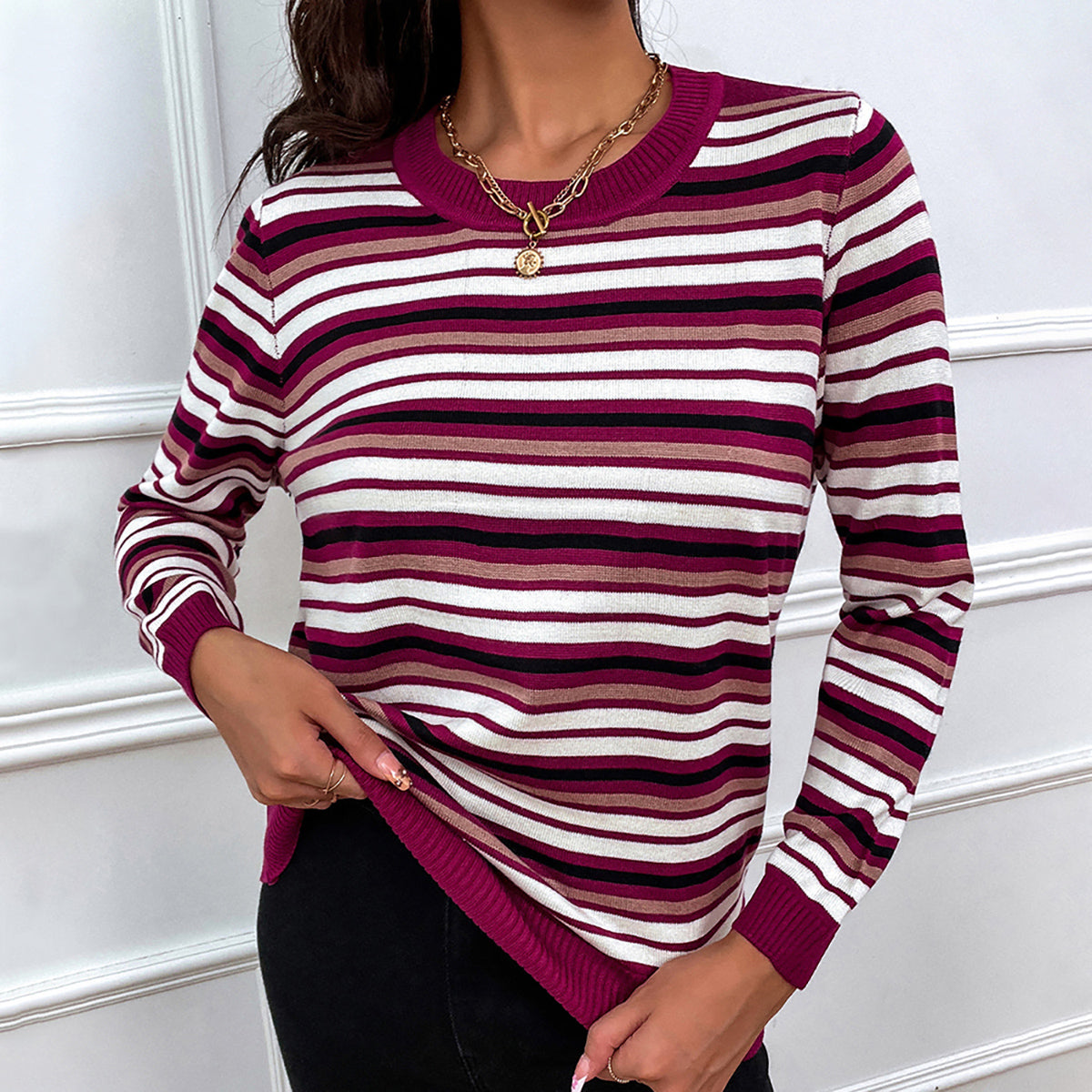 Honeybee Mumford's Striped Round Neck Long Sleeve Sweater