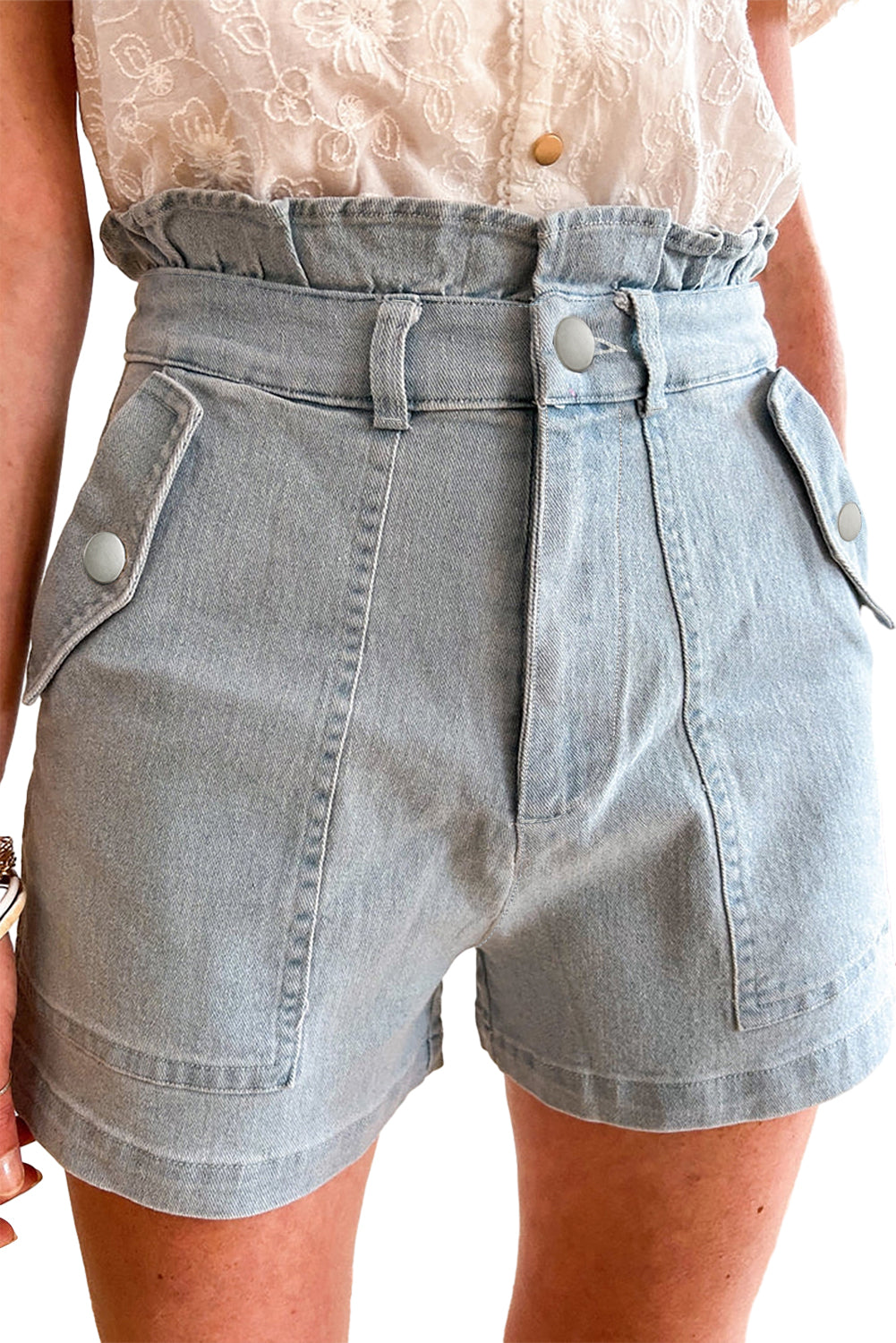 Honeybee Mumford's Beau Blue Ruffled High Waist Flap Pockets Denim Shorts