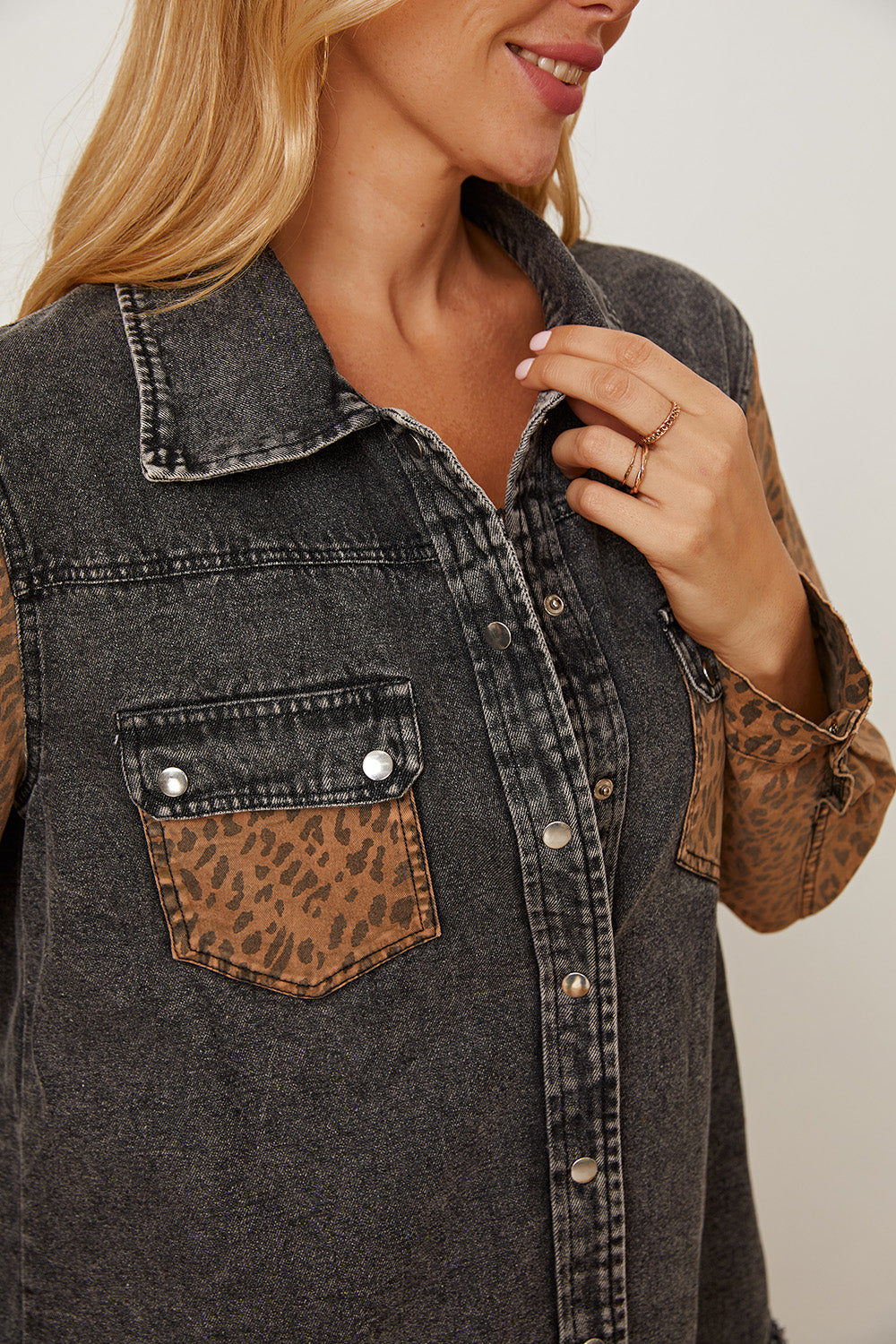 Honeybee Mumford's Leopard Raw Hem Pocketed Denim Jacket