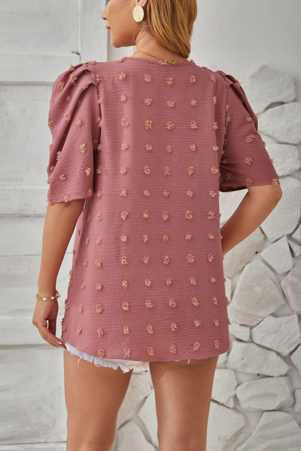 Honeybee Mumford's Swiss Dot Round Neck Short Sleeve Blouse