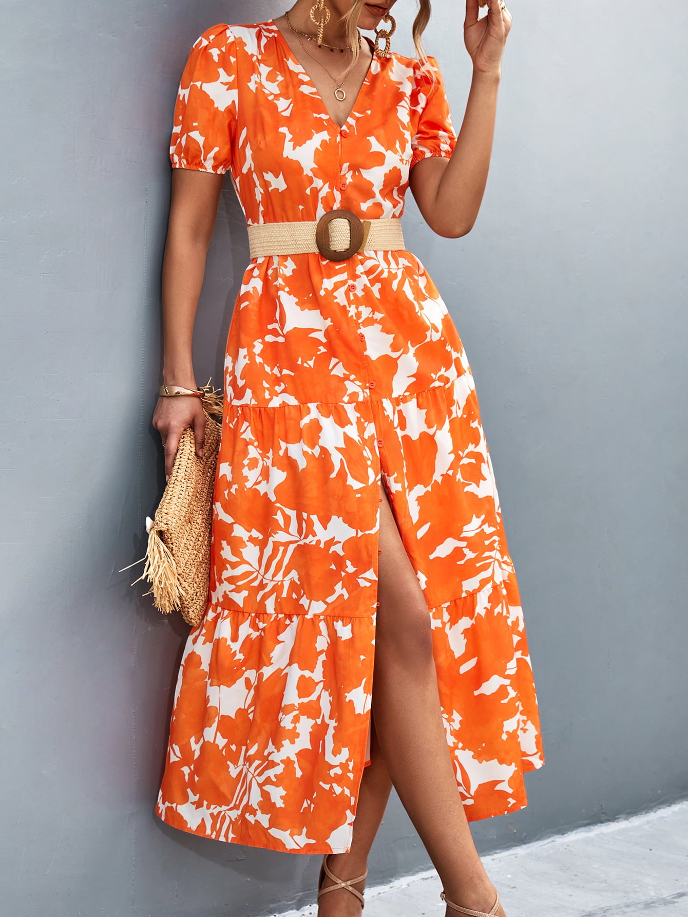 Honeybee Mumford's V-Neck Short Sleeve High Slit Midi Dress