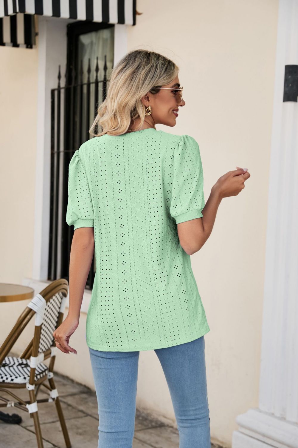 Honeybee Mumford's Eyelet Puff Sleeve V-Neck Top