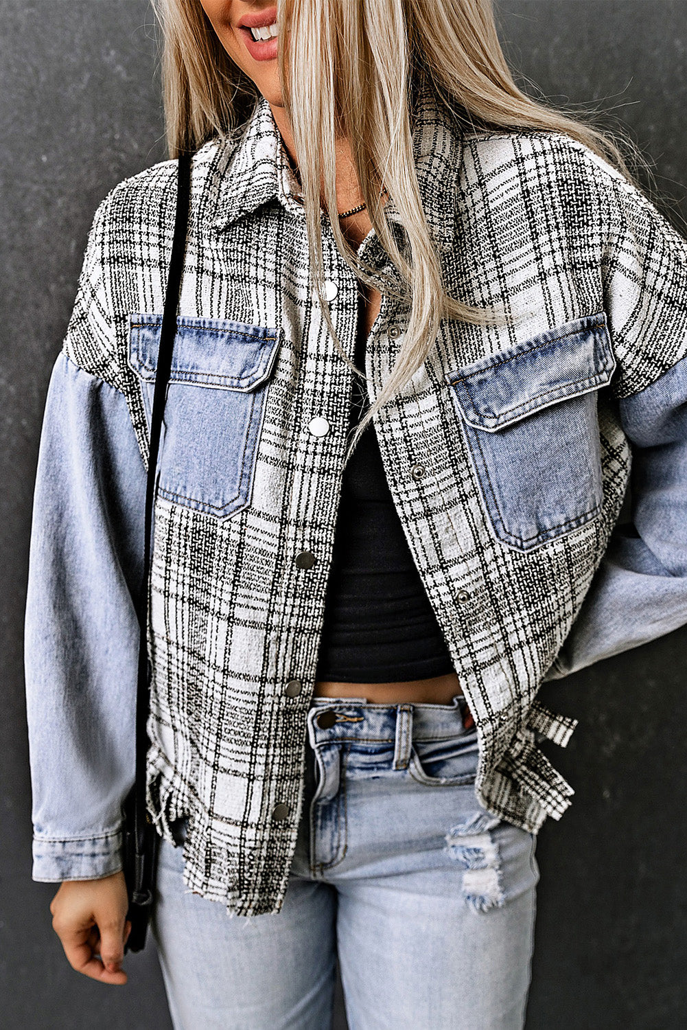 Honeybee Mumford's Sky Blue Plaid Patchwork Fringed Flap Pockets Denim Jacket