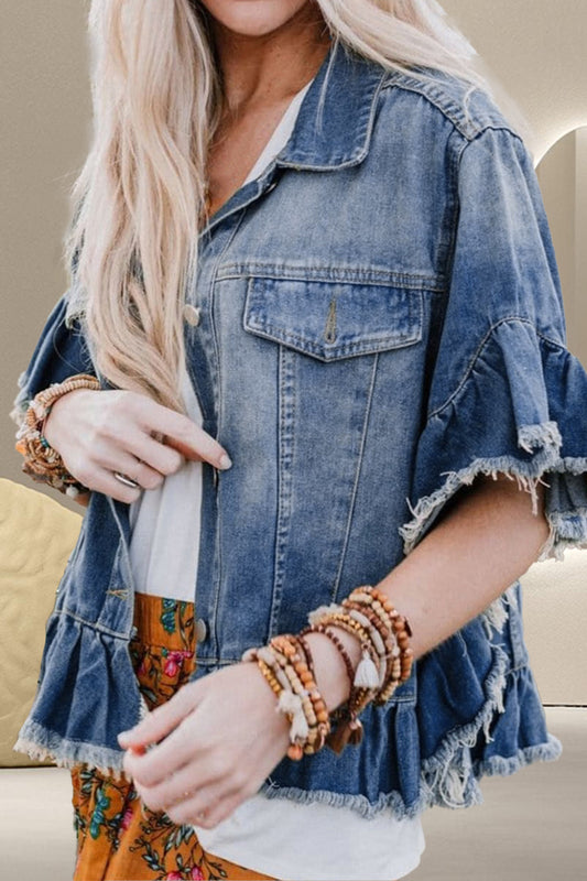 Honeybee Mumford's Ruffled Raw Hem Half Sleeve Denim Top