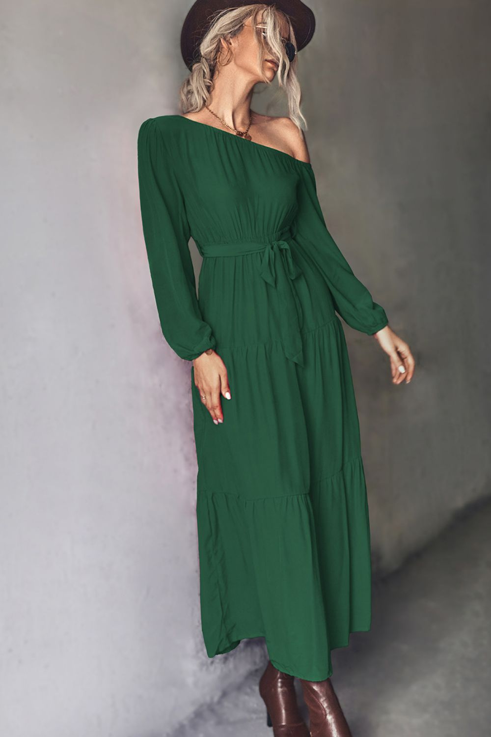 Honeybee Mumford's Black or Green Belted One-Shoulder Tiered Maxi Dress