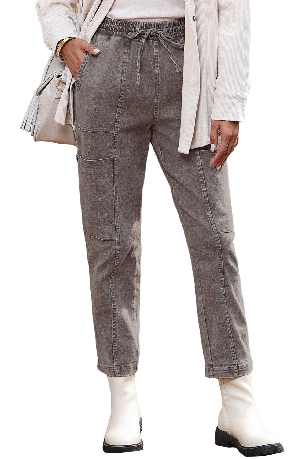 Honeybee Mumford's Gray Acid Wash Multi Pocket Drawstring Waist Pants