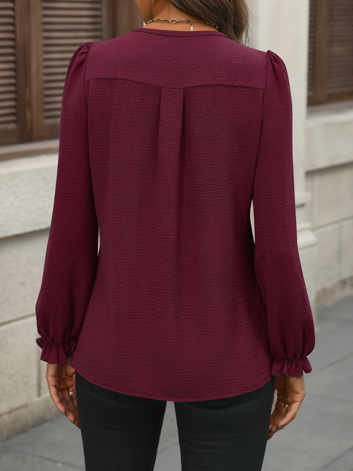 Honeybee Mumford's Notched Flounce Sleeve Blouse