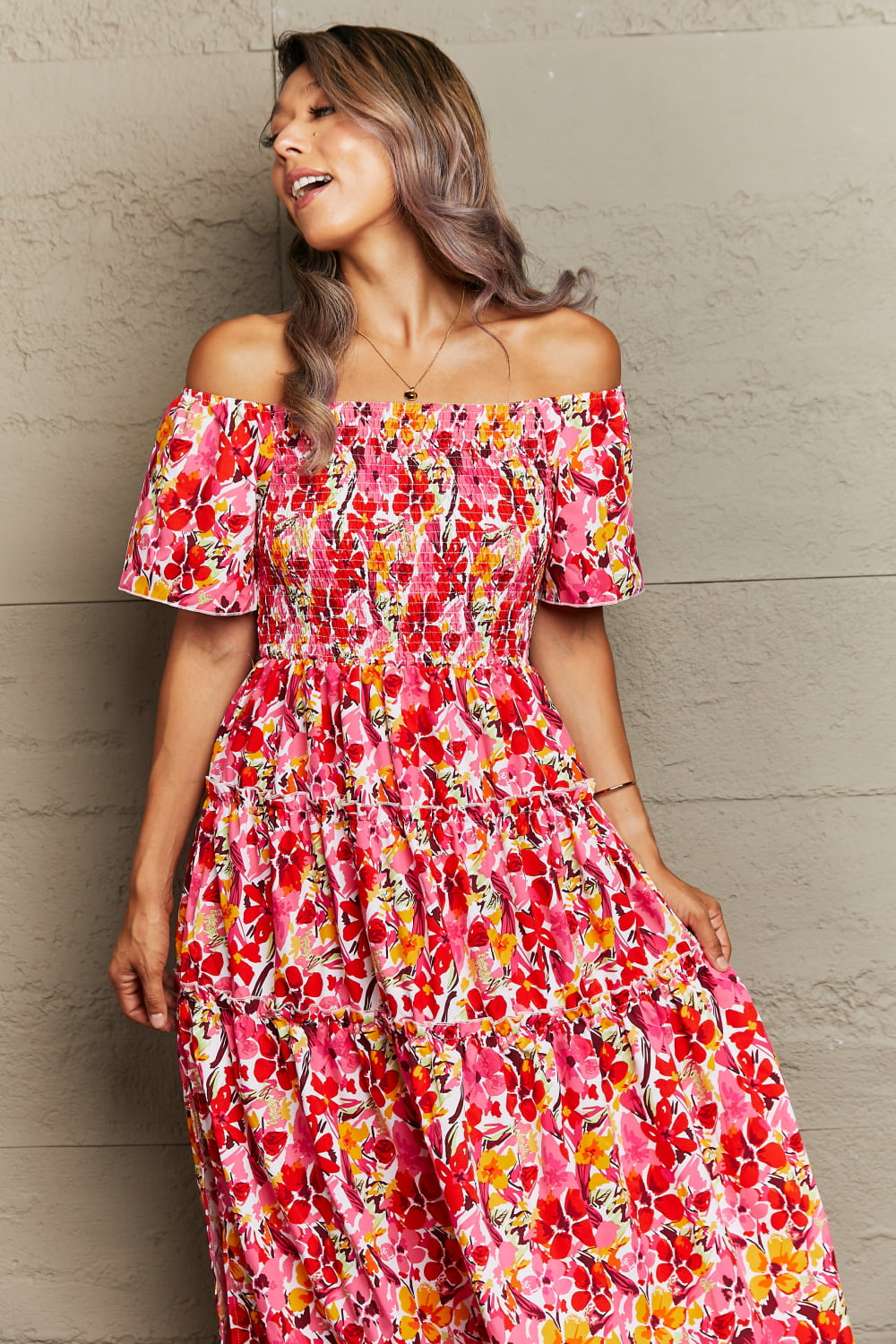 Honeybee Mumford's Floral Off-Shoulder Frill Trim Maxi Dress