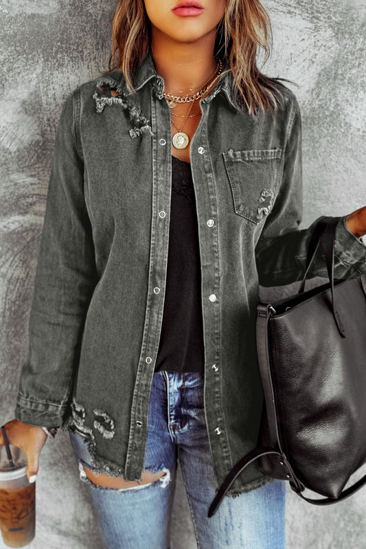 Honeybee Mumford's Distressed Raw Hem Snap Down Denim Jacket