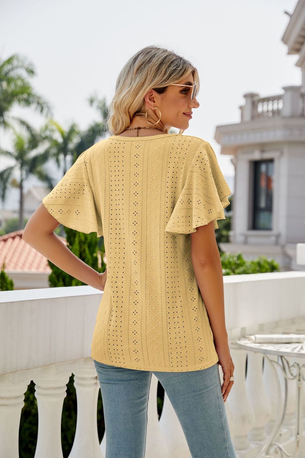 Honeybee Mumford's Eyelet Flutter Sleeve Round Neck Top