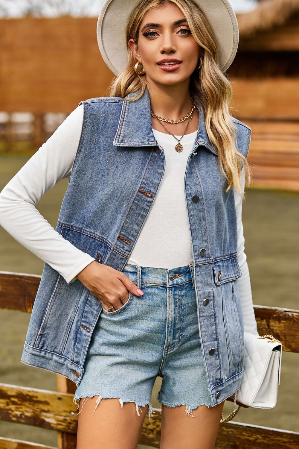 Honeybee Mumford's Sleeveless Collared Neck Denim Top with Pockets