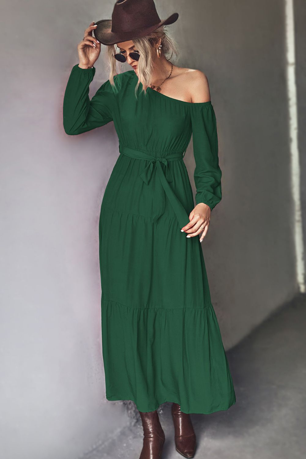 Honeybee Mumford's Black or Green Belted One-Shoulder Tiered Maxi Dress