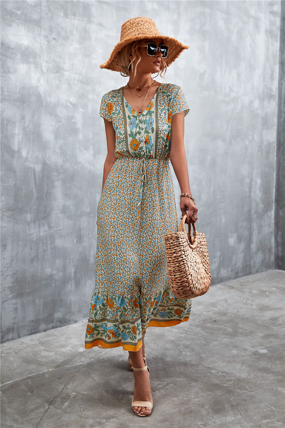 Honeybee Mumford's V-Neck Short Sleeve Maxi Dress