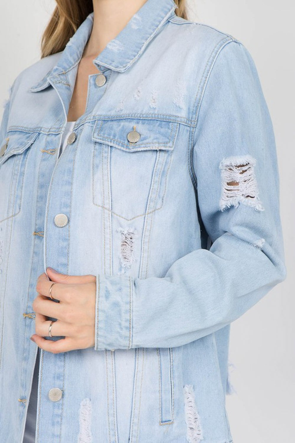 Honeybee Mumford's light blue "Fashion Tour" Patched Distressed Denim Jacket