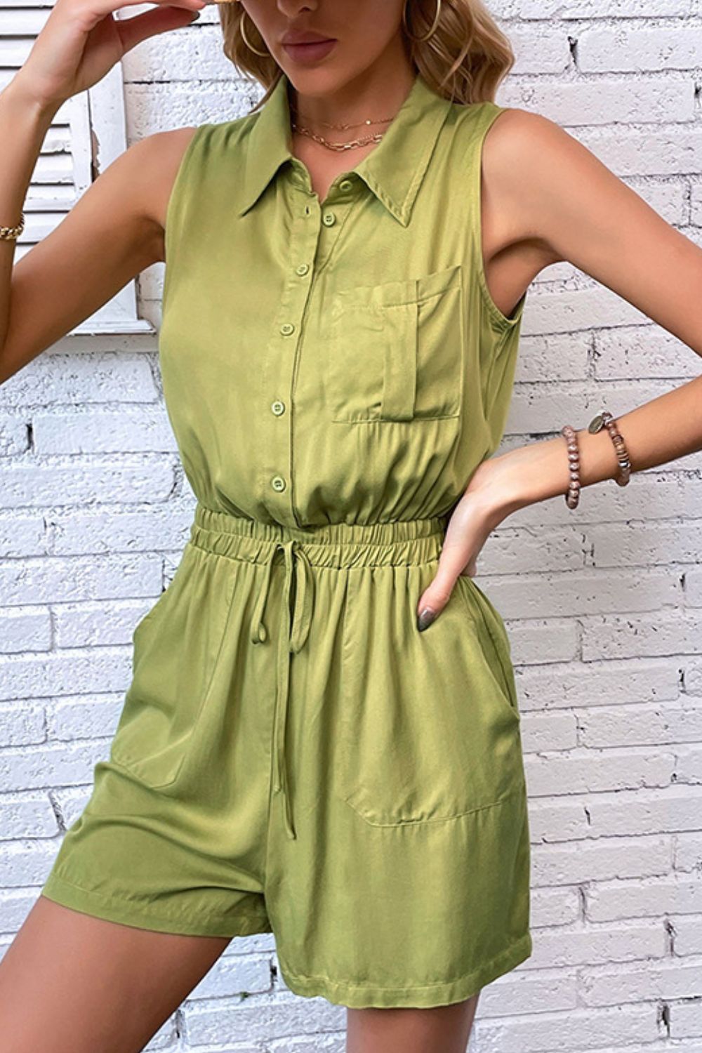 Honeybee Mumford's Collared Neck Sleeveless Romper with Pockets