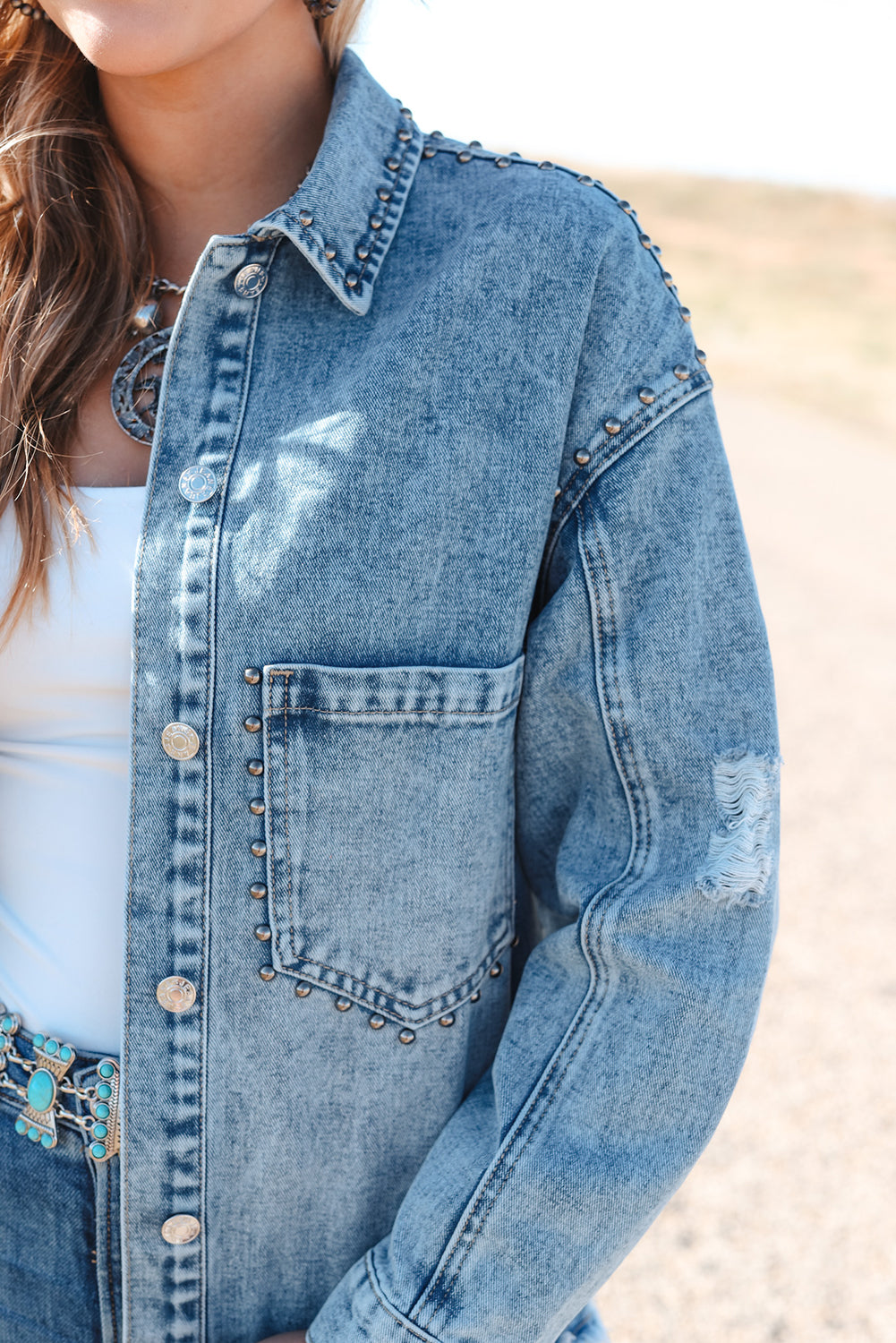 Honeybee Mumford's Sky Blue Studded Acid Wash Denim Jacket