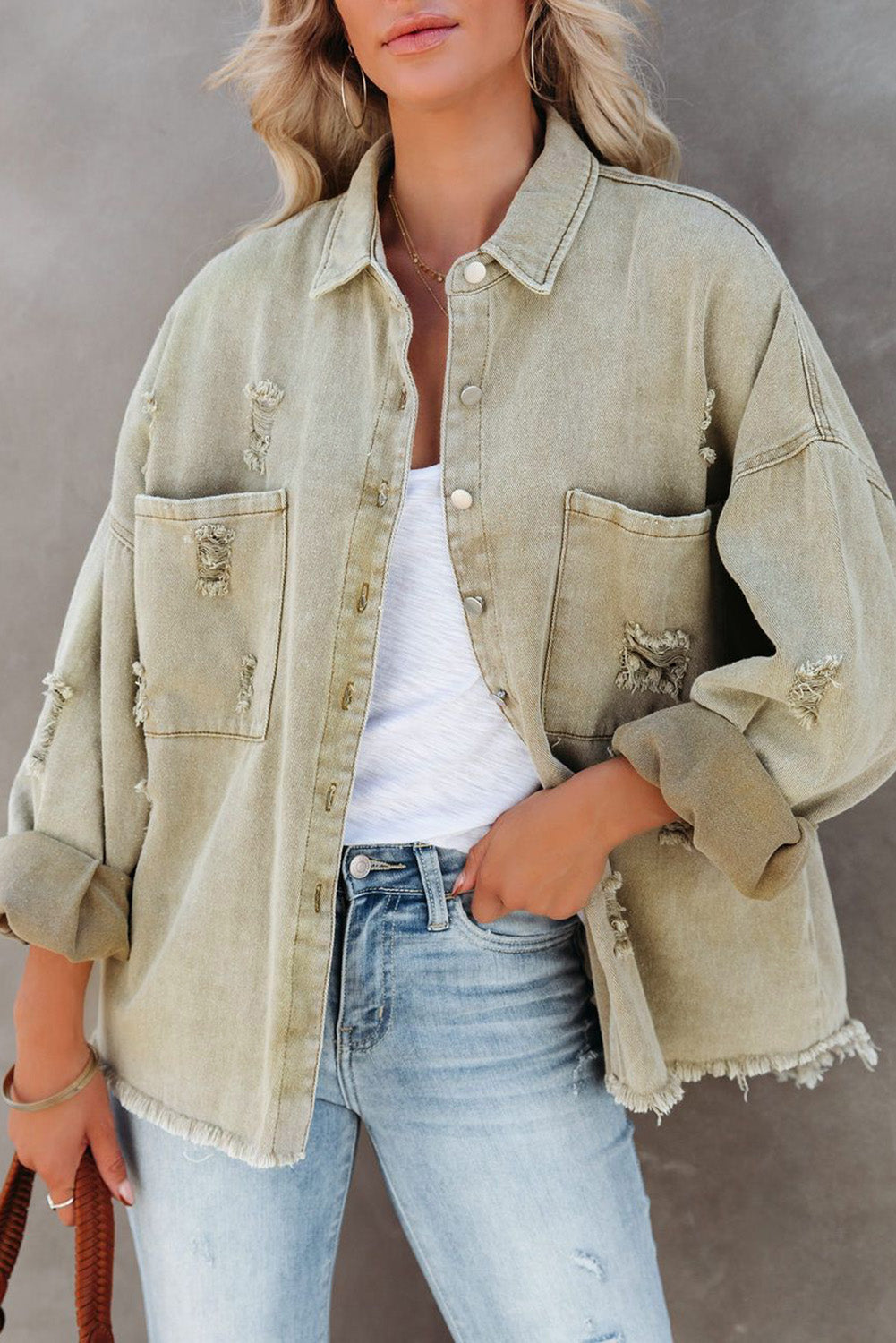 Honeybee Mumford's Green Distressed Fringe Trim Denim Jacket