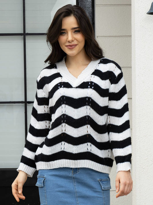 Honeybee Mumford's Openwork Striped V-Neck Sweater