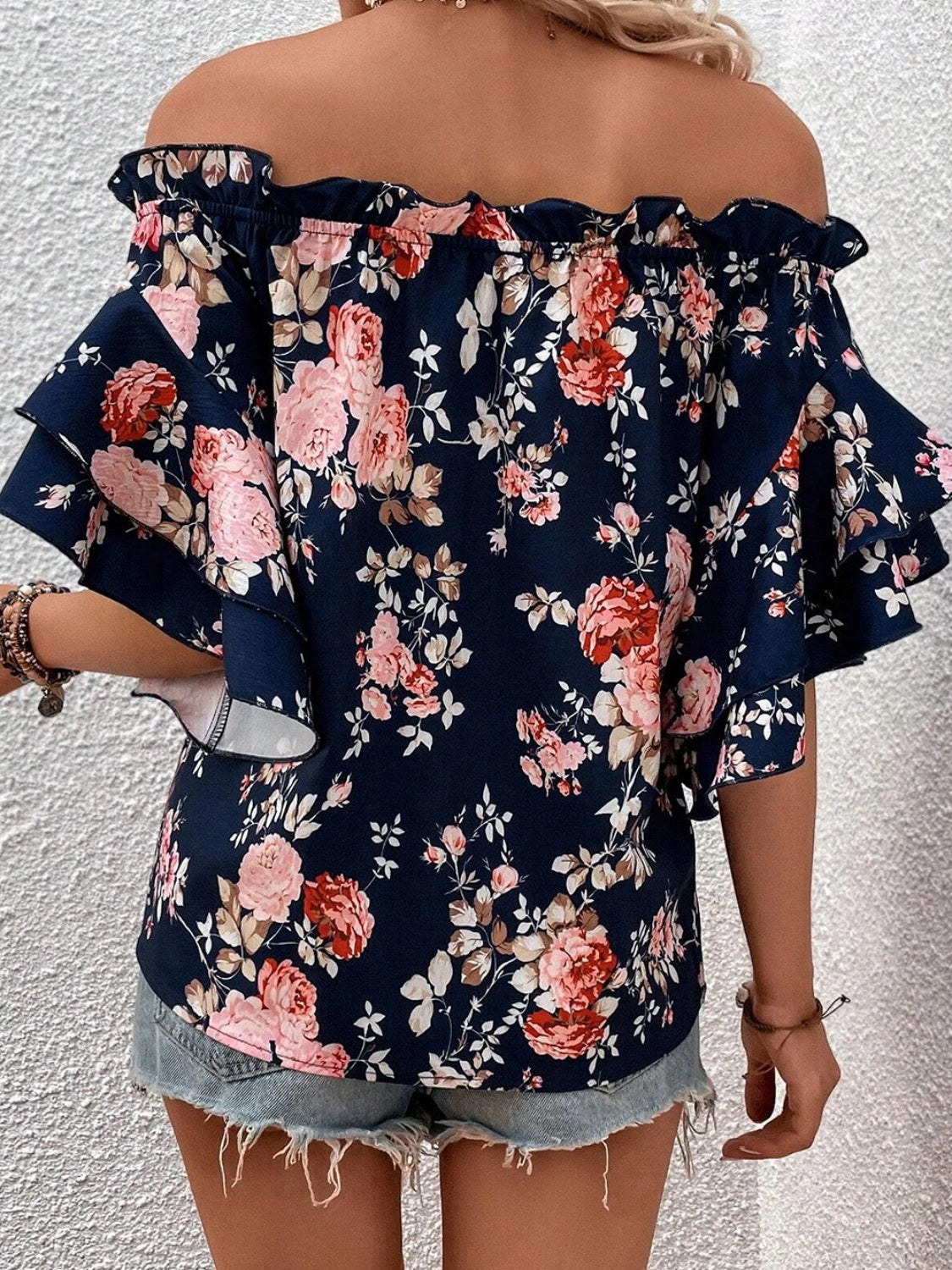 Honeybee Mumford's Printed Off-Shoulder Flounce Sleeve Blouse