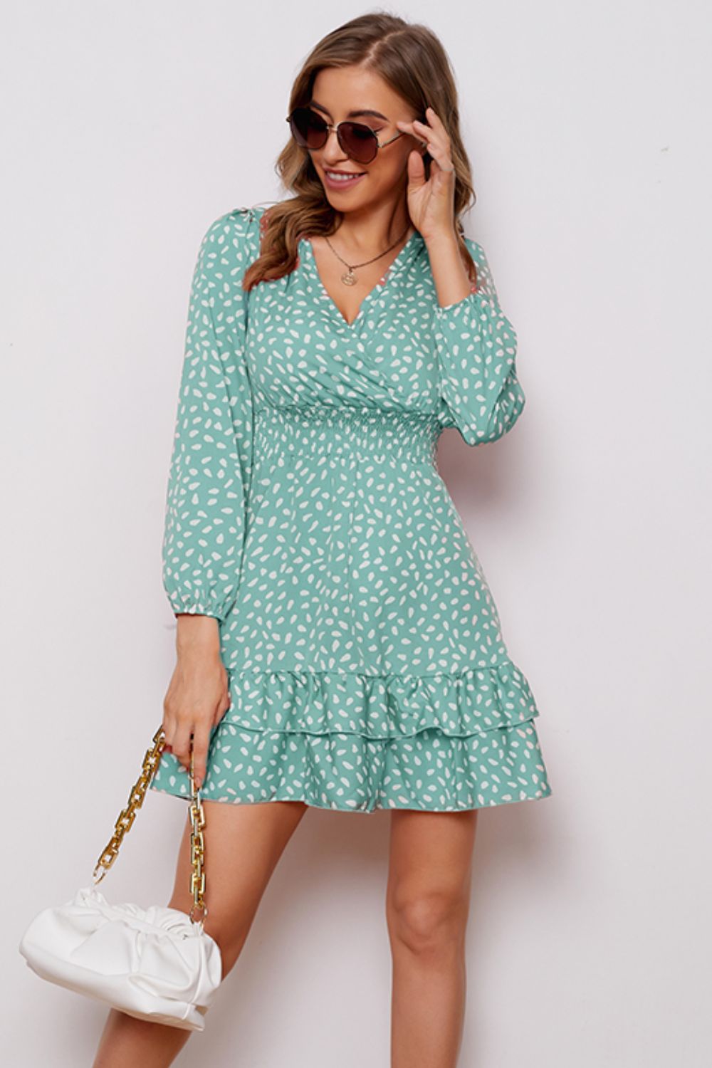 Honeybee Mumford's Surplice Neck Puff Sleeve Ruffle Hem Dress