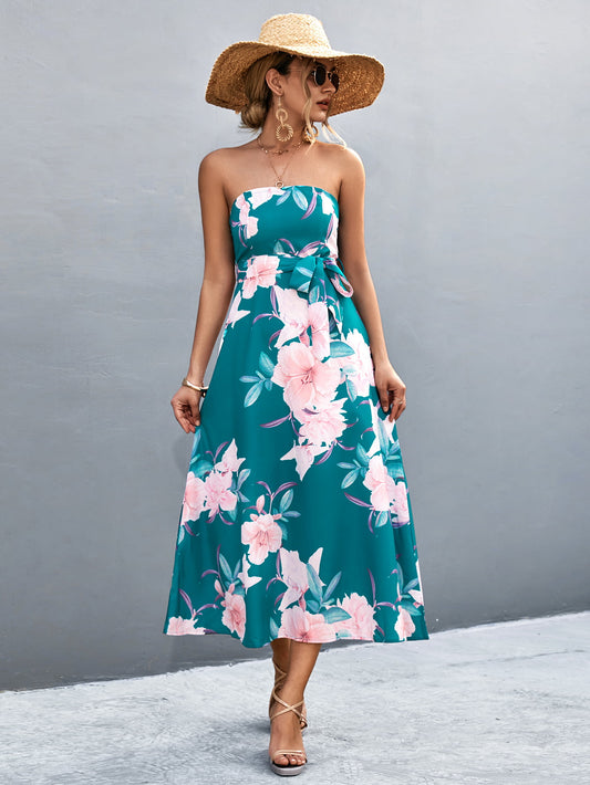 Honeybee Mumford's Floral Print Tie Waist Straight Neck Midi Dress