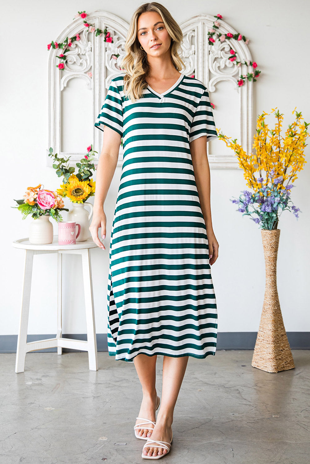 Honeybee Mumford's Striped V-Neck Short Sleeve Side Slit Dress