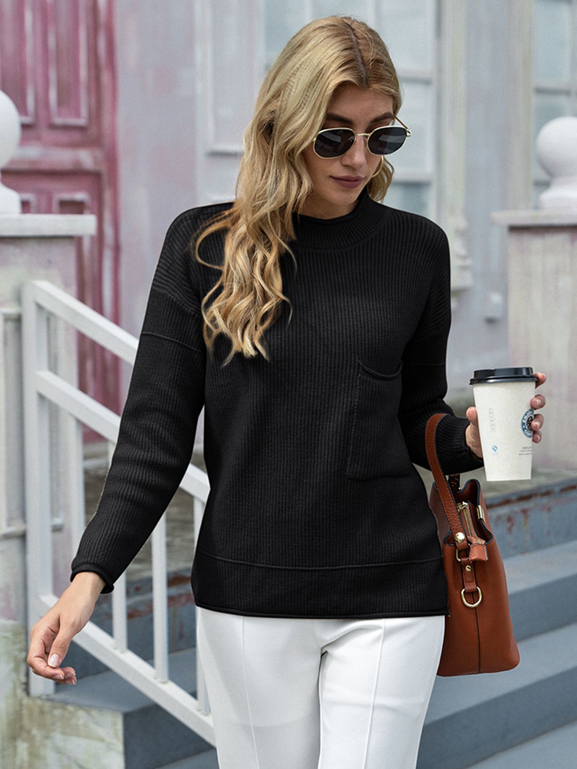 Honeybee Mumford's Round Neck Dropped Shoulder Sweater with Pocket