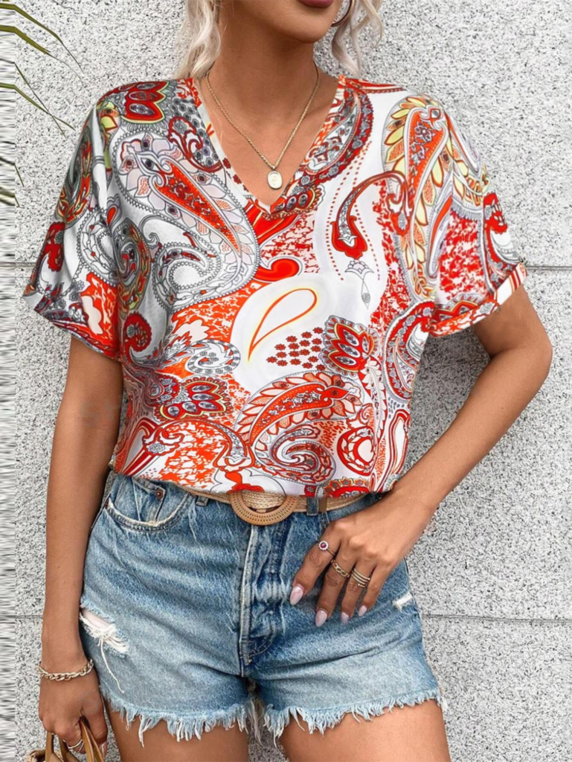 Honeybee Mumford's Printed V-Neck Short Sleeve Blouse