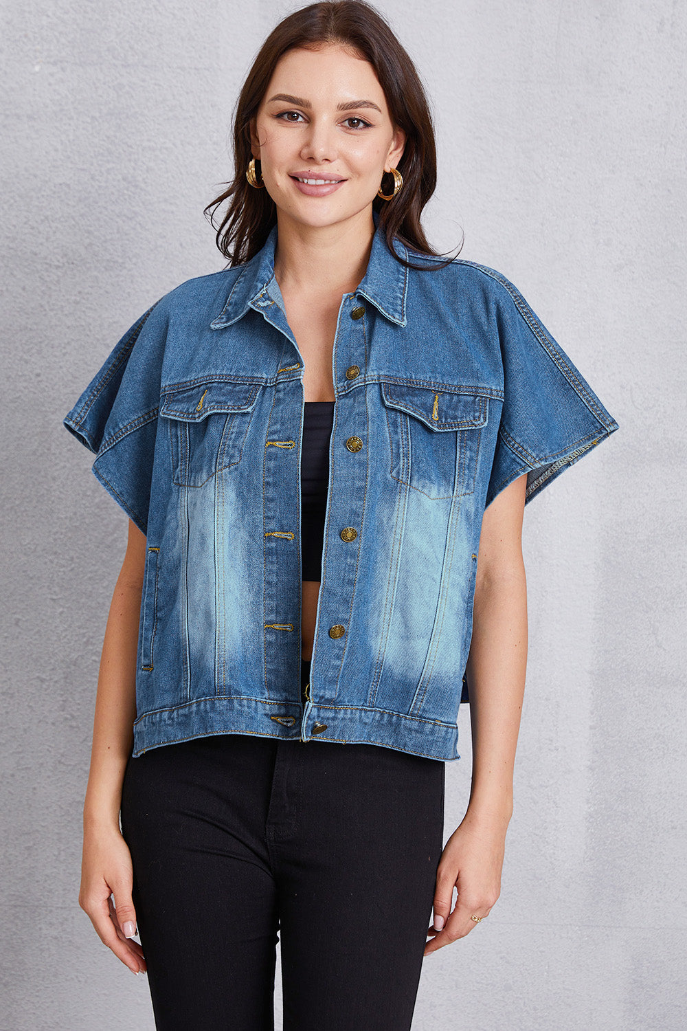 Honeybee Mumford's Pocketed Button Up Short Sleeve Denim Top