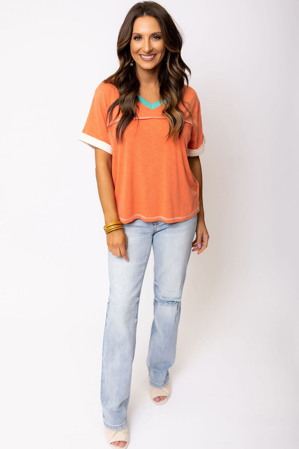 Honeybee Mumford's Grapefruit Orange Contrast Trim Exposed Seam V Neck T-shirt