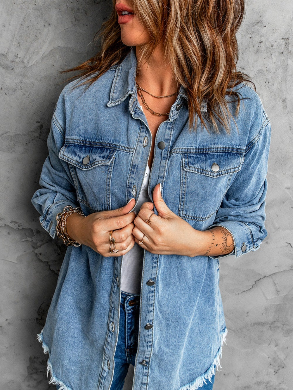 Honeybee Mumford's Frayed Hem Collared Denim Jacket