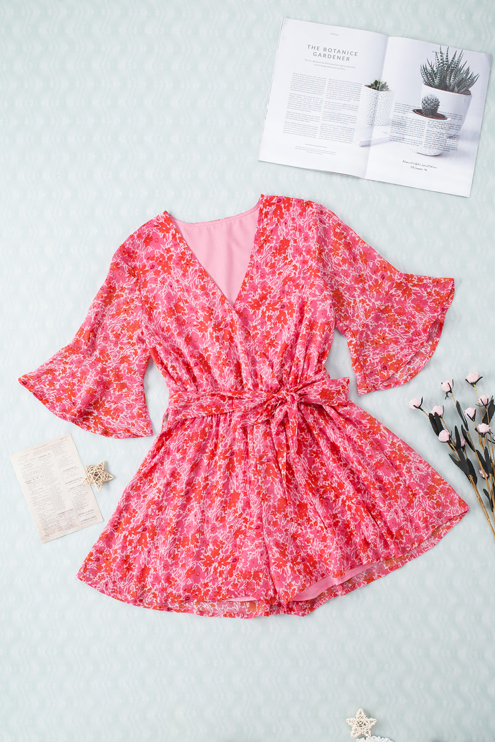 Honeybee Mumford's Pink V Neck Ruffled Sleeve Floral Romper