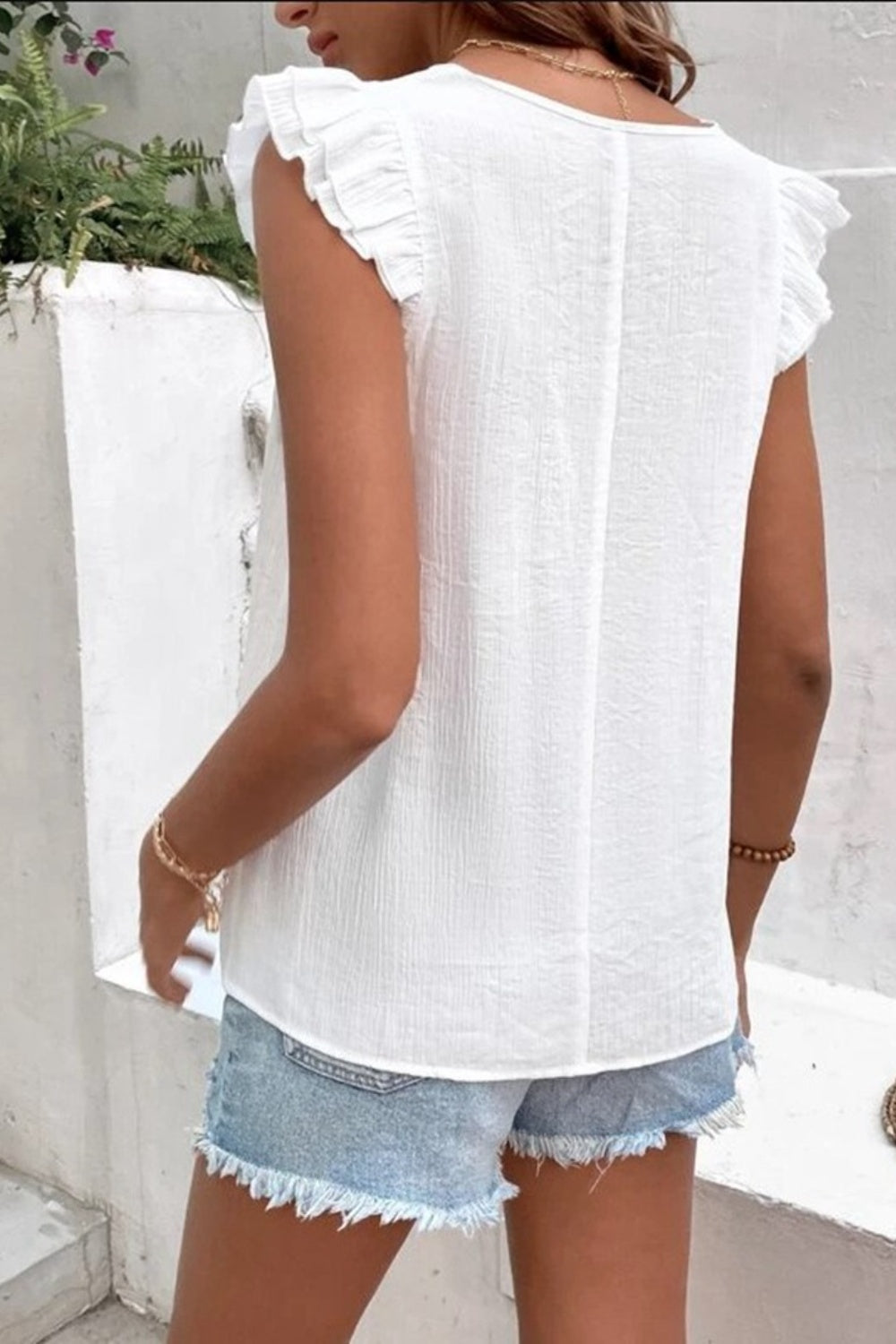 Honeybee Mumford's Full Size Ruffled V-Neck Cap Sleeve Blouse