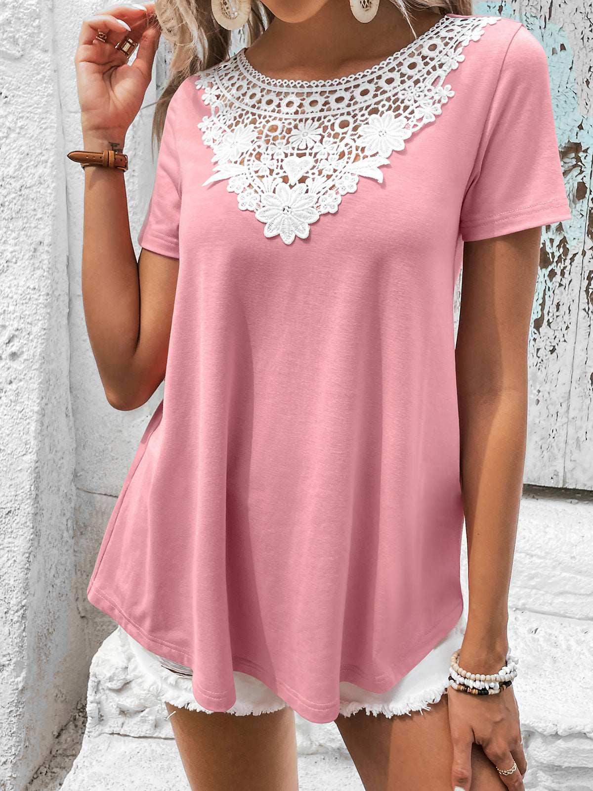 Honeybee Mumford's Spliced Lace Contrast Short Sleeve Top