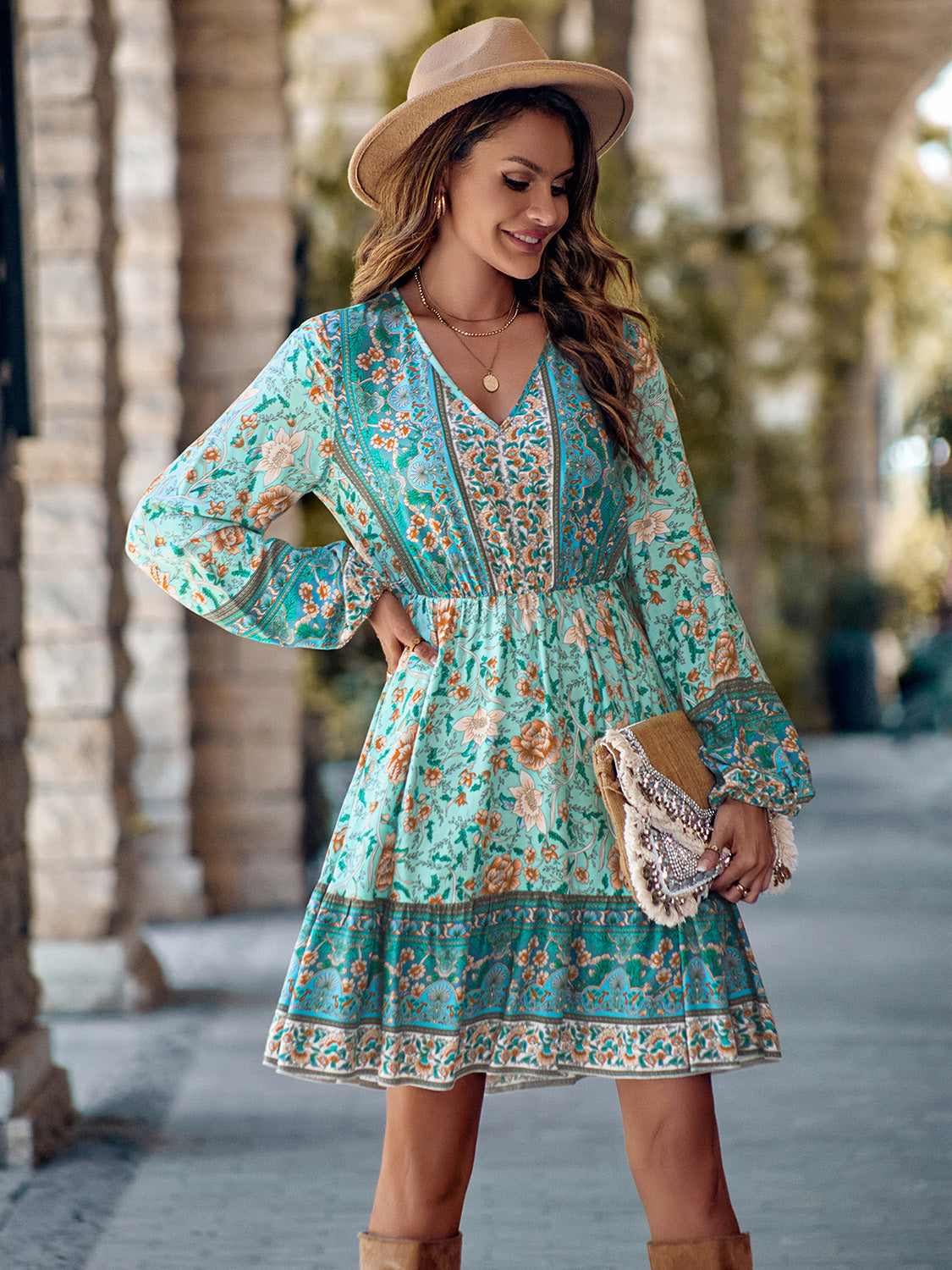 Honeybee Mumford's Bohemian V-Neck Long Sleeve Dress