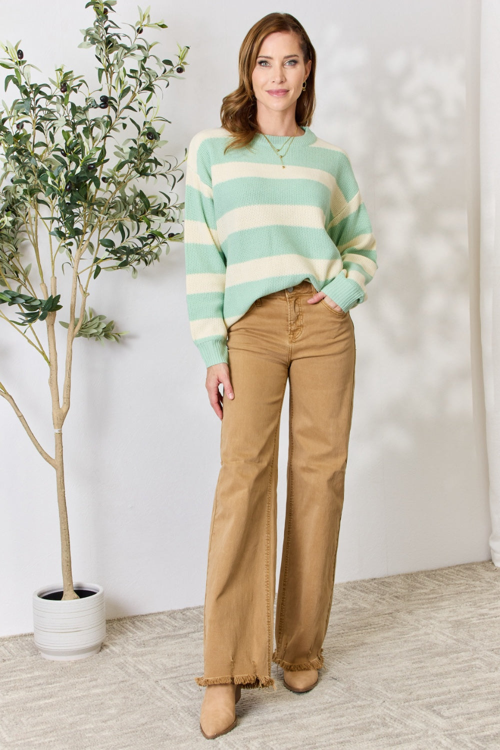 Honeybee Mumford's Sew In Love Full Size Contrast Striped Round Neck Sweater