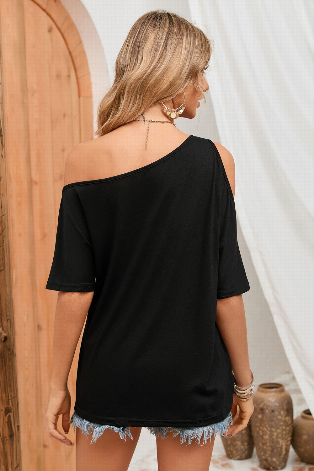 Honeybee Mumford's Black Asymmetrical Neck Cold-Shoulder Half Sleeve Blouse