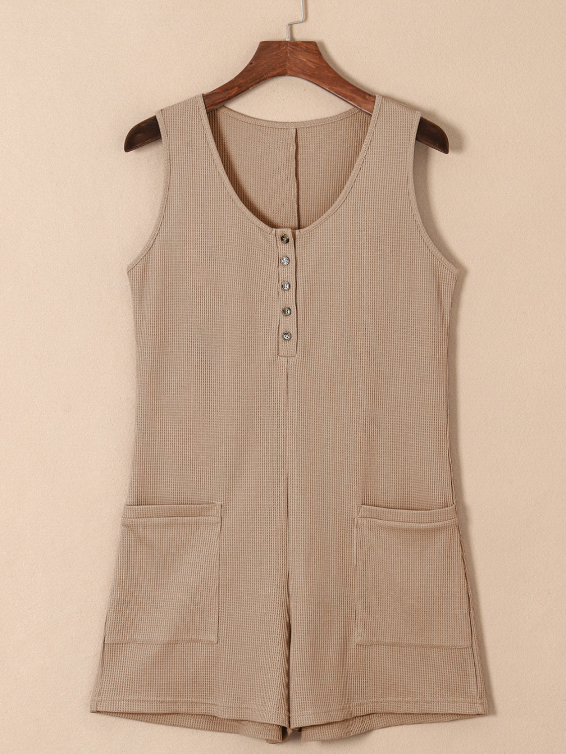 Honeybee Mumford's Waffle-Knit Half Button Sleeveless Romper with Pockets