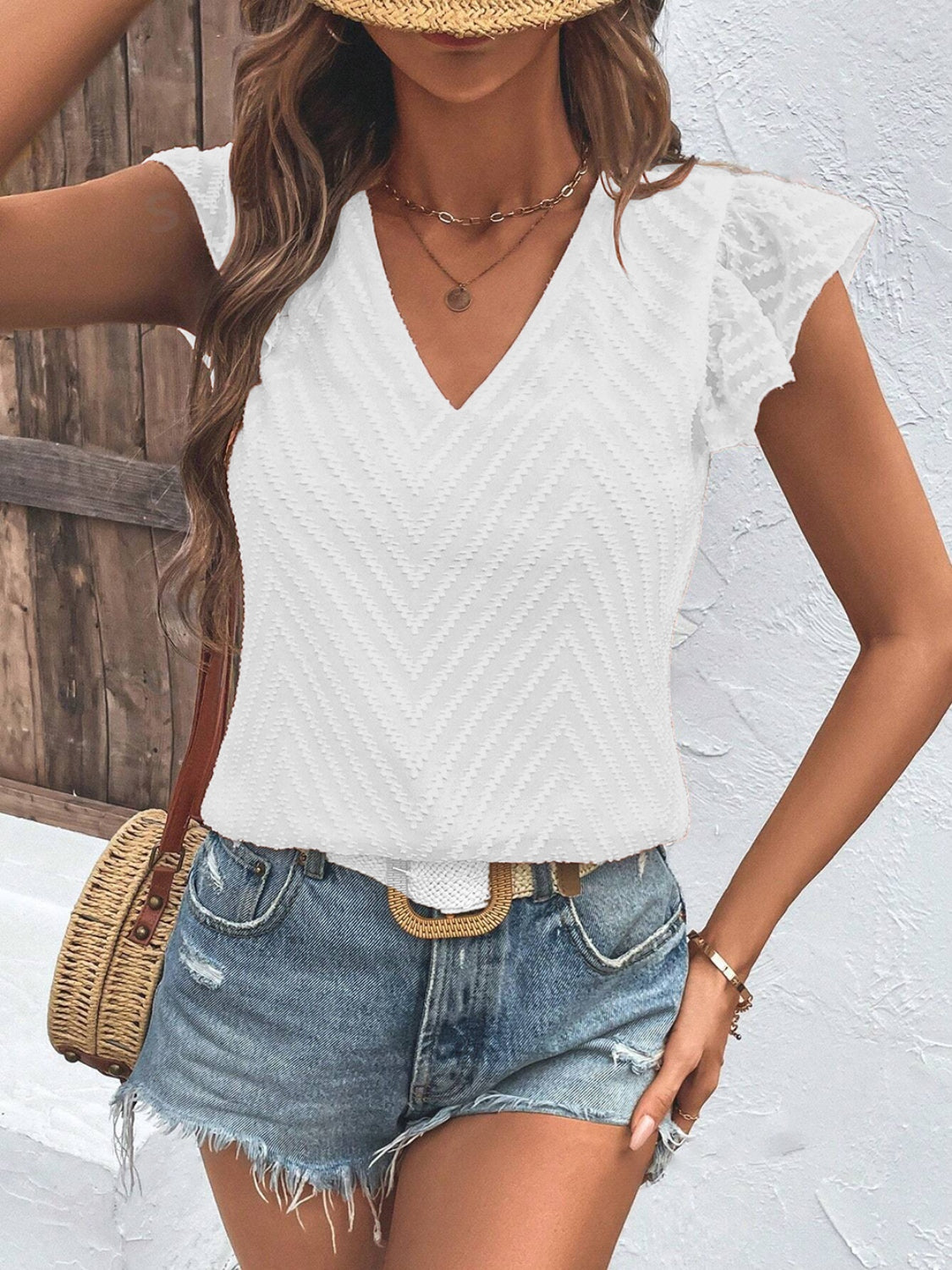 Honeybee Mumford's Textured V-Neck Cap Sleeve Blouse