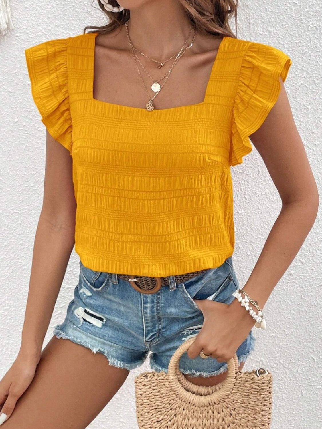 Honeybee Mumford's Ruffled Square Neck Cap Sleeve Blouse