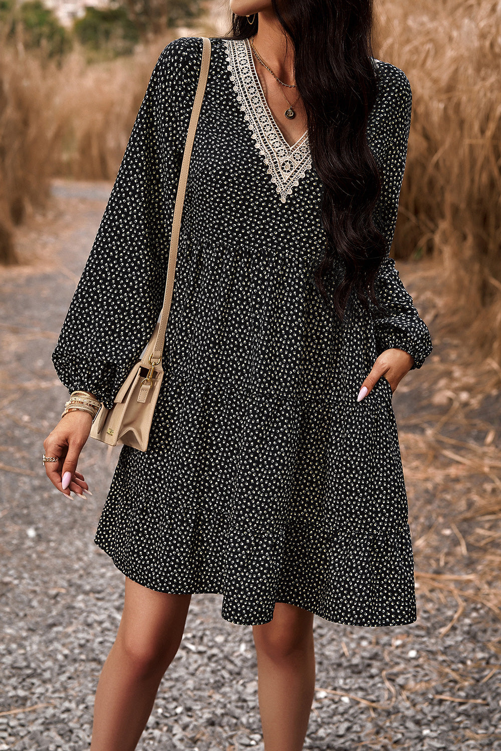 Honeybee Mumford's Lace Trim V-Neck Long Sleeve Dress