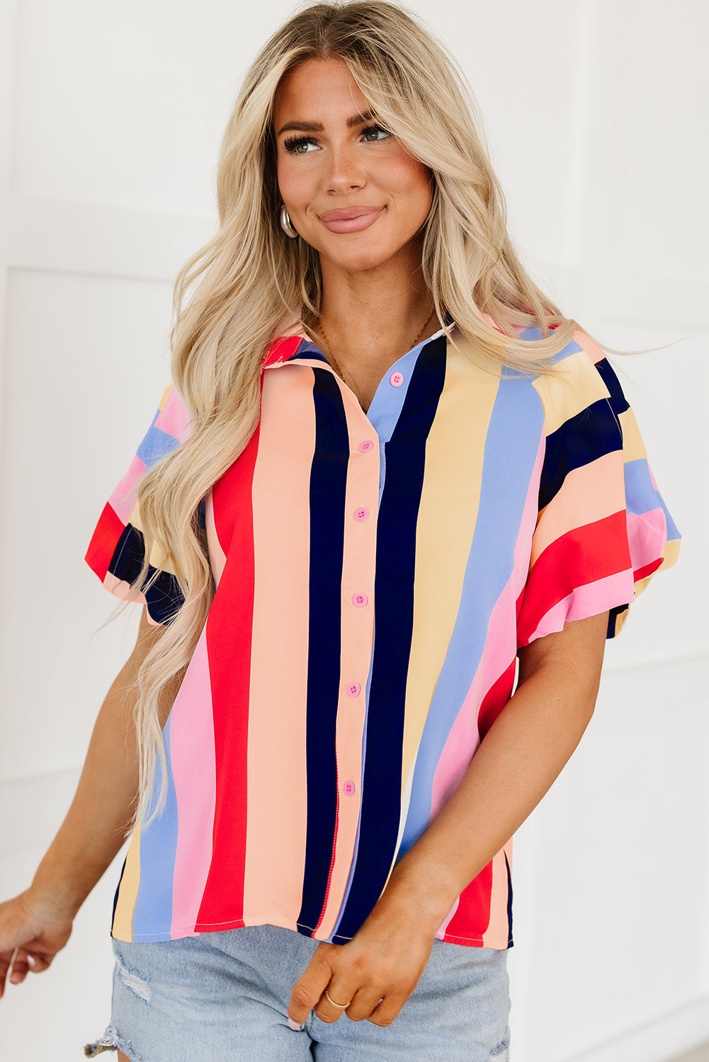 honeybee Mumford's Multicolor Color Block Striped Puff Sleeve Buttoned Shirt