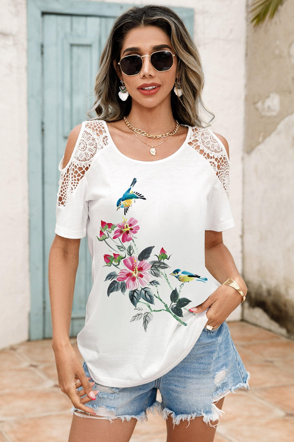 Honeybee Mumford's Lace Detail Round Neck Cold Shoulder Blouse