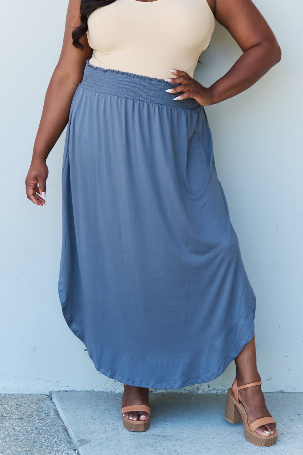 Honeybee Mumford's Full Size High Waist Scoop Hem Maxi Skirt in Dusty Blue