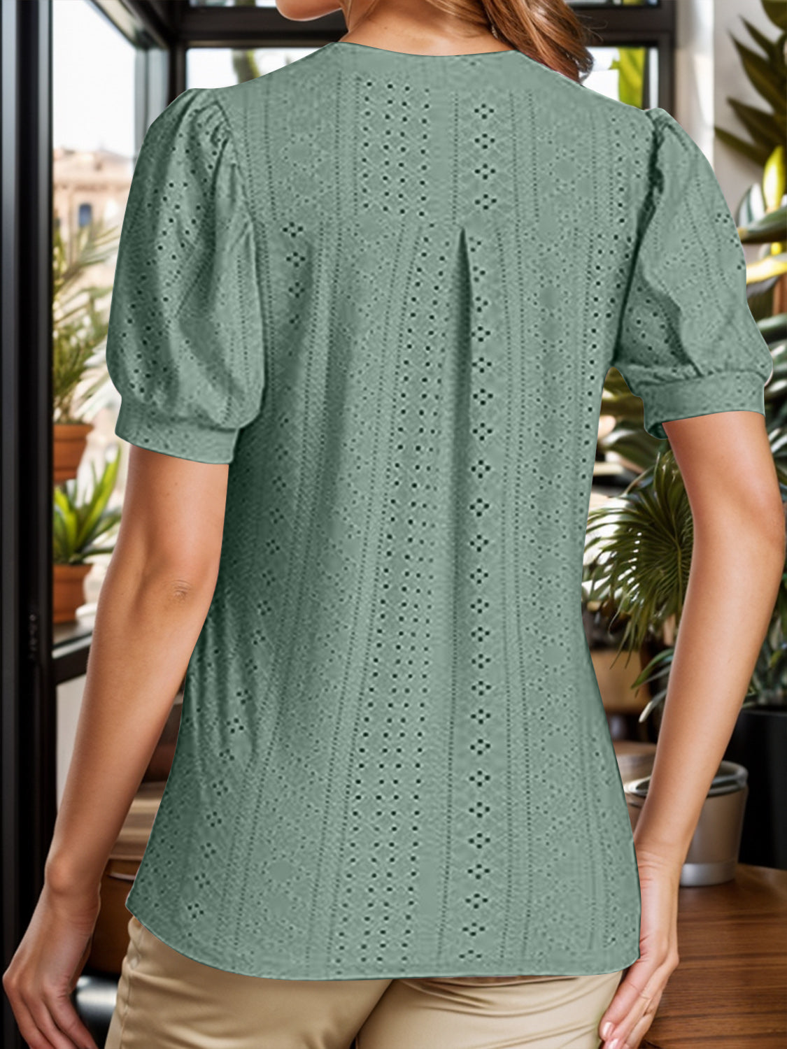 Honeybee Mumford's Eyelet Notched Short Sleeve Blouse