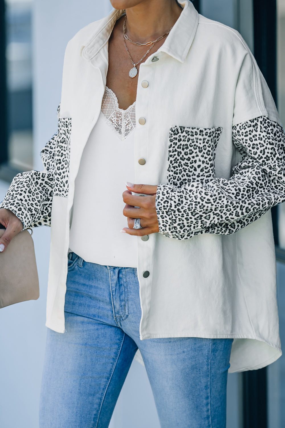 Honeybee Mumford's White Contrast Leopard Denim Jacket