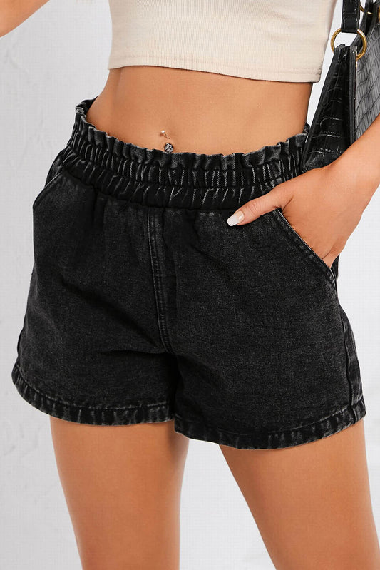 Honeybee Mumford's Black Retro Bleach-washed Ruffled Elastic High Waist Denim Shorts