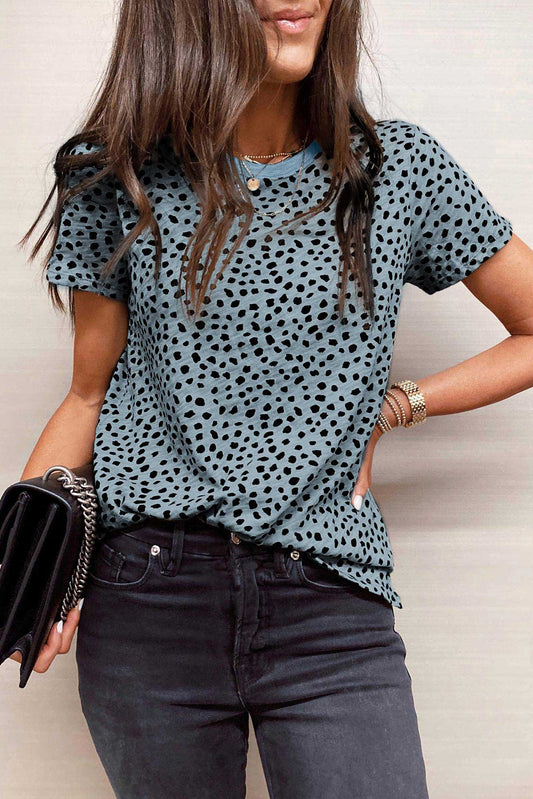 Honeybee Mumford's Gray Cheetah Print O-neck Short Sleeve T Shirt