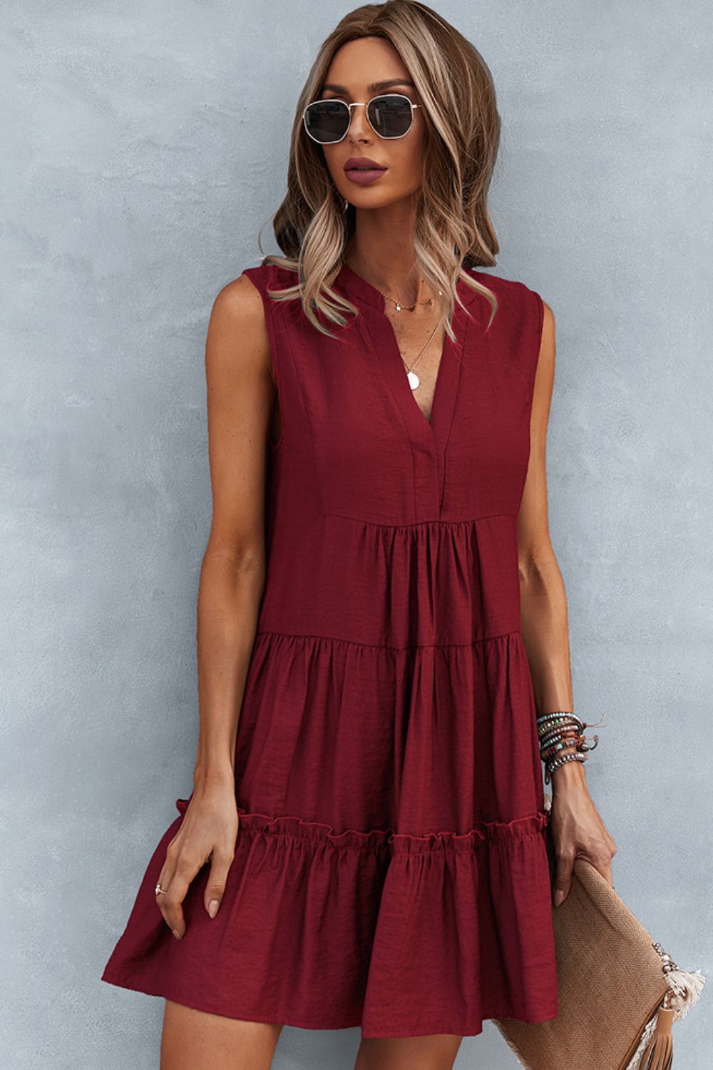 Honeybee Mumford's Frill Trim Notched Sleeveless Tiered Dress